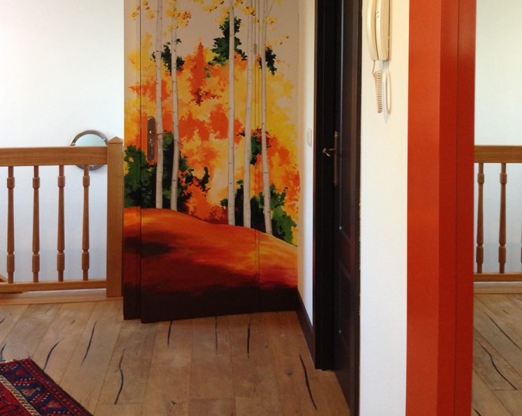 pintura sobre puerta de paisaje otoñal
