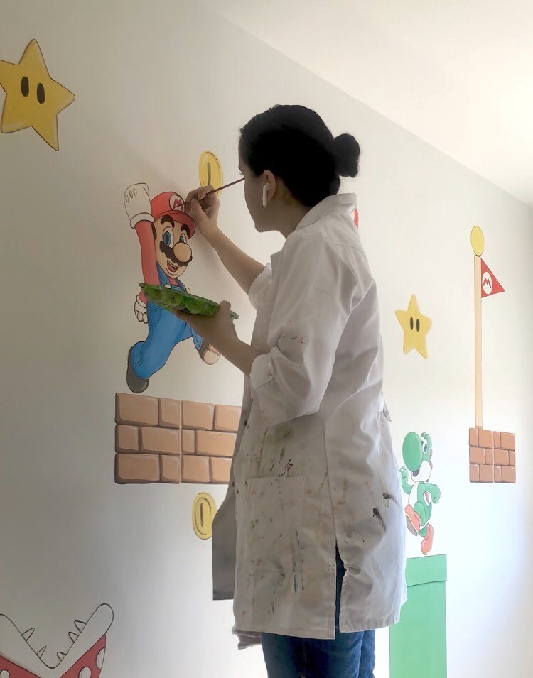 muralista profesional de paredes con dibujos de mario bross